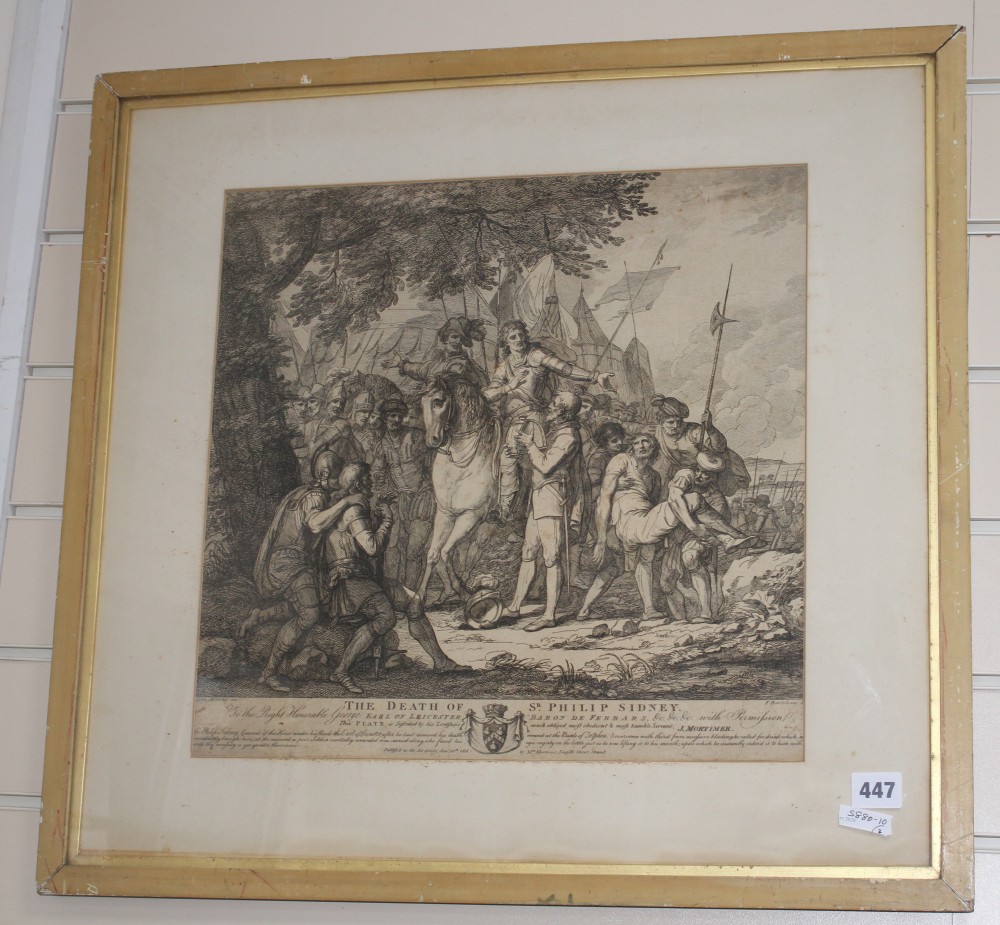 Bartolozzi after Mortimer, engraving, The Death of Sir Philip Sidney, 39 x 40cm and Basire engraving of ancient seals belonging to Ar